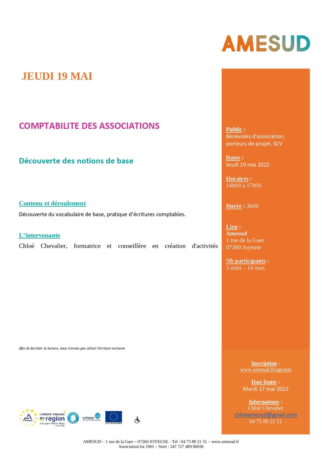 Formation gratuite « comptabilité associative niveau 1 » – Joyeuse (07)