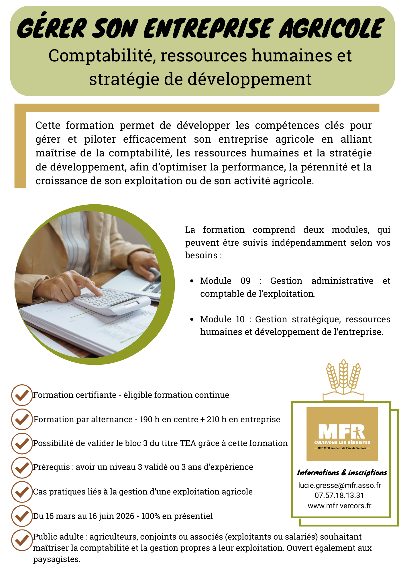 Formation : Gérer une entreprise agricole – comptabilité, gestion administrative, ressources humaines et stratégie de développement