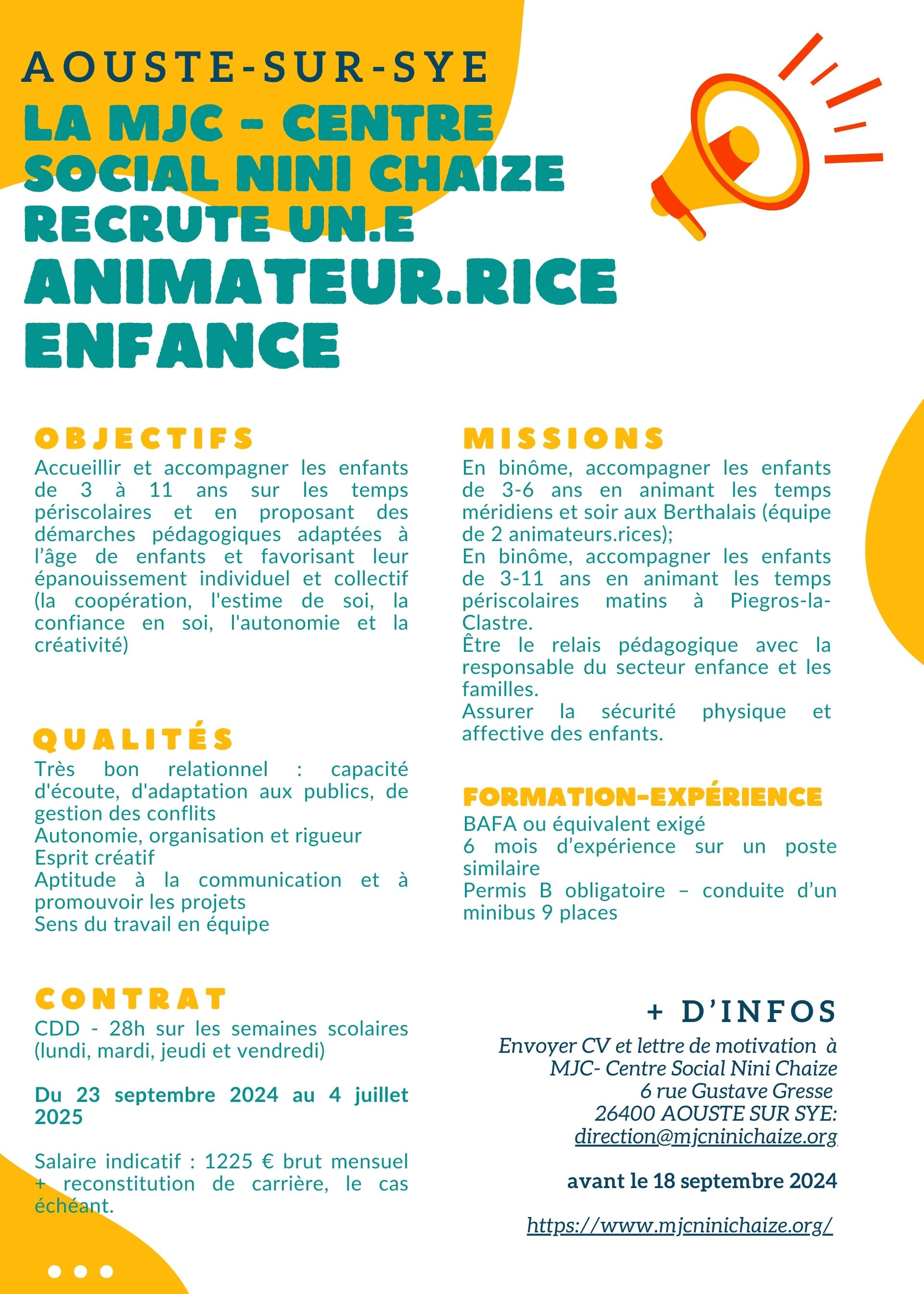 Animateur.rice d&rsquo;activités périscolaires – CDD – H/F – Aouste-sur-Sye – Drôme (26)