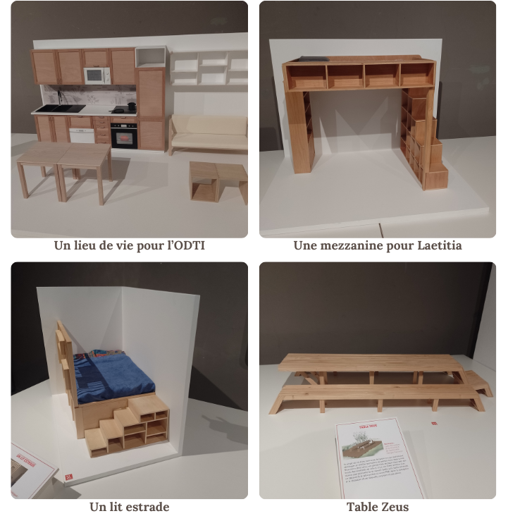 Photo de 4 maquettes : une cuisine, 2 lits estrades et une table d'ext&eacute;rieur 